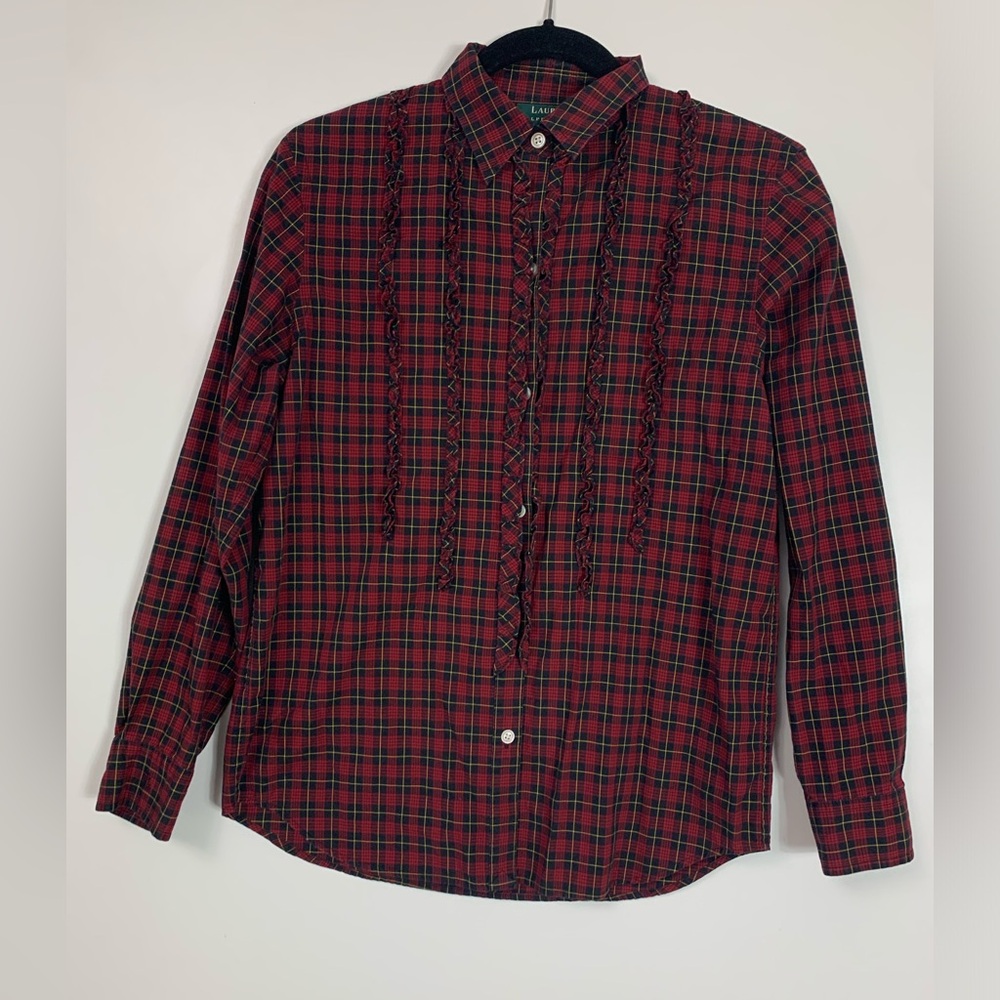 Y2K LRL Womens Brodie Red Plaid Button Down Shirt Size Small Ruffle Classic